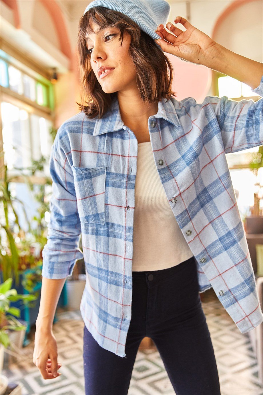 Chaqueta de franela a cuadros de manga larga azul roja