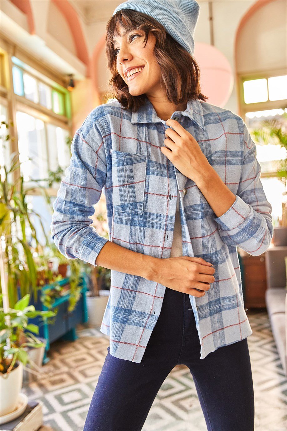 Blue Red Long Sleeve Plaid Flannel Shacket