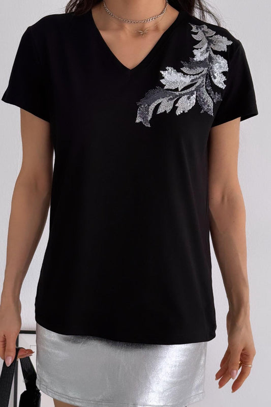 Cactus Floral Sequin Katoenen T-shirt - Wit 