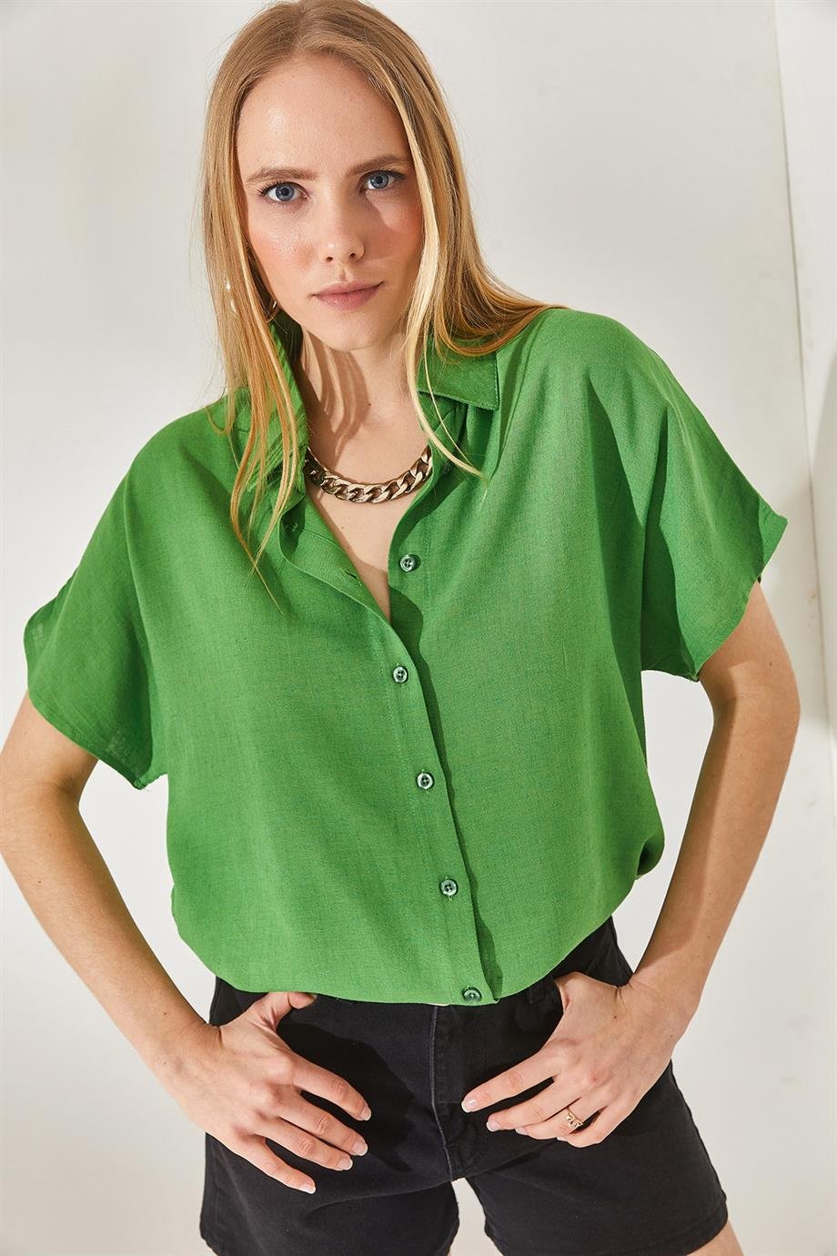 Black Cotton Short Sleeve Blouse