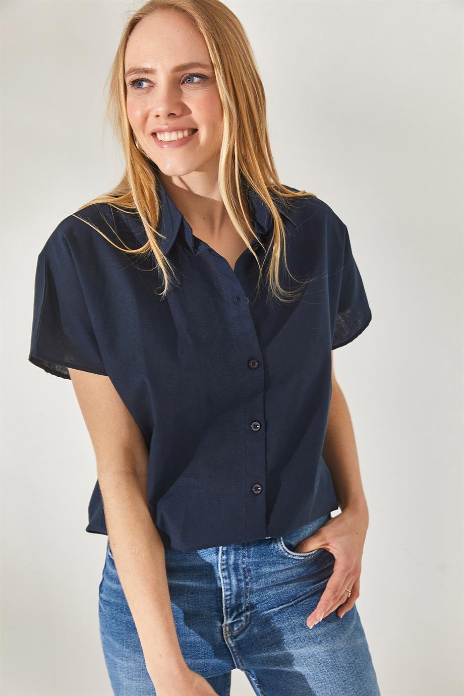 Black Cotton Short Sleeve Blouse